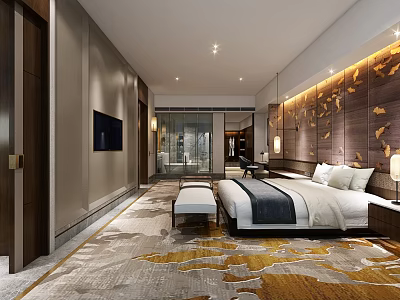 Luxury Modern Hotel Guest Room With King Bed Decorative Wall Patterned Carpet And Ambient Lighting 3d model