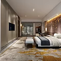 Luxury Modern Hotel Guest Room With King Bed Decorative Wall Patterned Carpet And Ambient Lighting