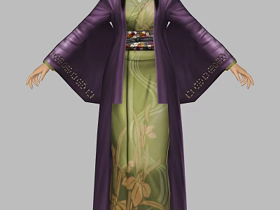 Woman in Traditional Purple Robe and Green Floral Patterned Inner Dress 3d model