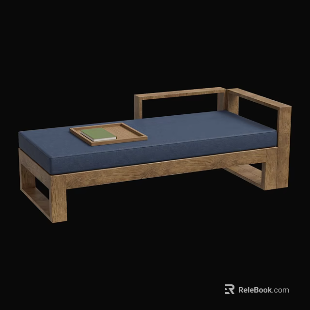 Wooden Frame Sofa Bed With Blue Cushion And Wooden Tray Holding Book 3d model 