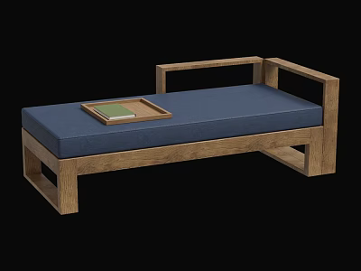 Wooden Frame Sofa Bed With Blue Cushion And Wooden Tray Holding Book 3d model