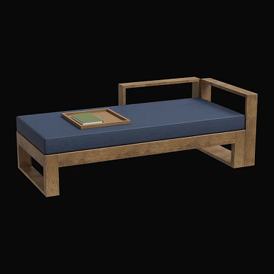 Wooden Frame Sofa Bed With Blue Cushion And Wooden Tray Holding Book 3d model