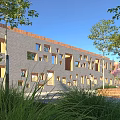 Modern Office Building with Gray Brick Walls Irregular Windows Green Plants Trees and Blue Sky