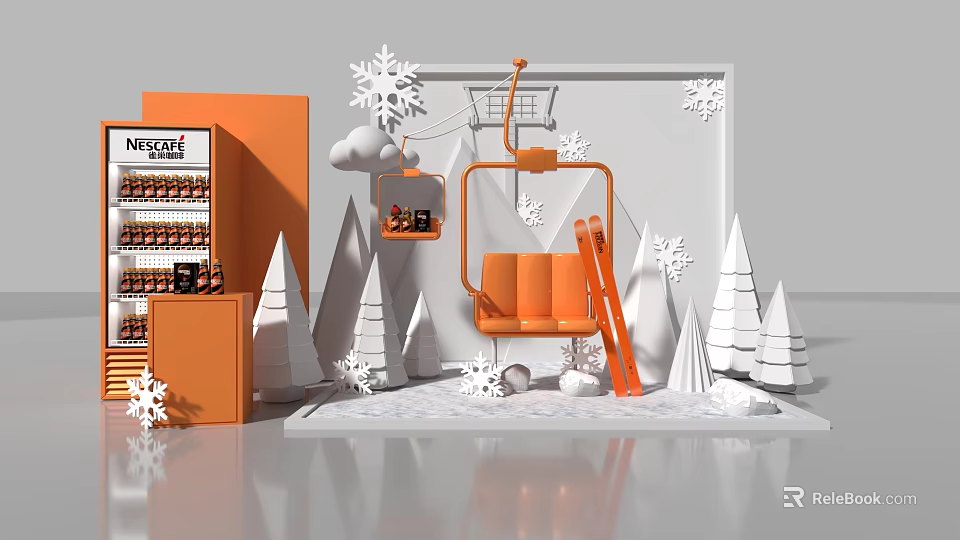 Nestle Themed Photo Spot With Orange Cable Car Seat Snowflakes And White Cone Trees 3d model 