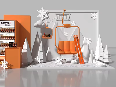 Nestle Themed Photo Spot With Orange Cable Car Seat Snowflakes And White Cone Trees 3d model