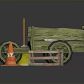 Wooden Cart With Yellow Bucket Orange Traffic Cone And Wooden Crate