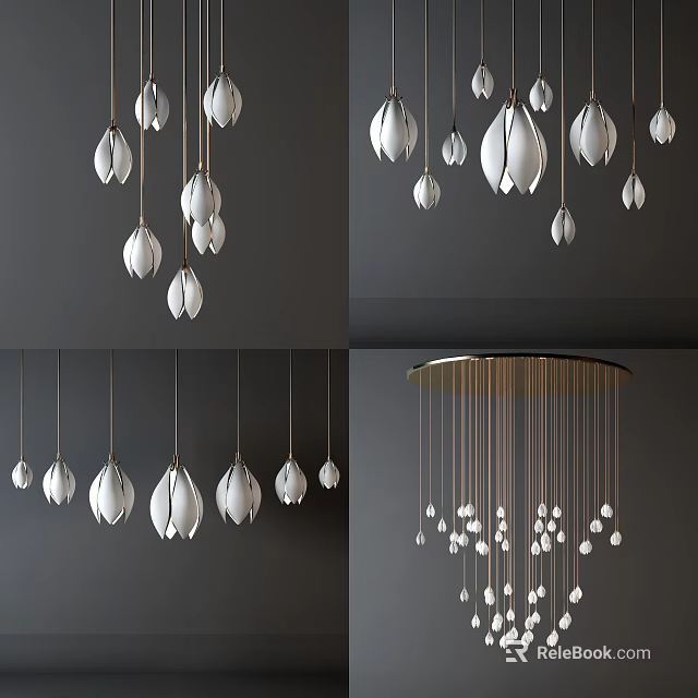 Elegant Modern Chandelier Design With White Petal Shaped Pendants For Home Decor 3d model 
