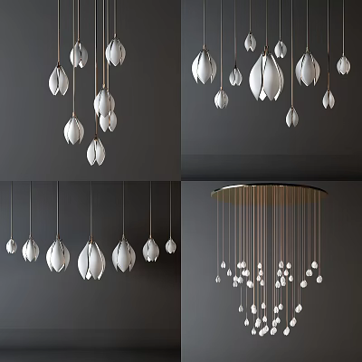 Elegant Modern Chandelier Design With White Petal Shaped Pendants For Home Decor 3d model