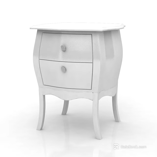 White Bedside Table With Two Drawers Round Knobs And Curved Legs Design 3d model