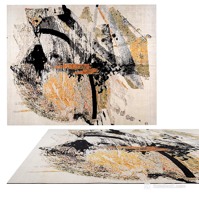 Modern Abstract Square Rug With Artistic Black Gold Beige Patterns For Living Space 3d model 