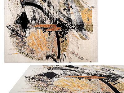 Modern Abstract Square Rug With Artistic Black Gold Beige Patterns For Living Space 3d model