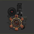 Futuristic Mechanical Weapon With Multi Barrel Design Red Yellow Stripes And Heavy Base