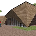 Modern Wooden Pavilion With Black Roof Green Trees And Brick Paved Ground