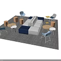 Modern Modular Blue Gray Sofa Coffee Table Set with Colorful Accent Chairs and Orange Stools 3d model