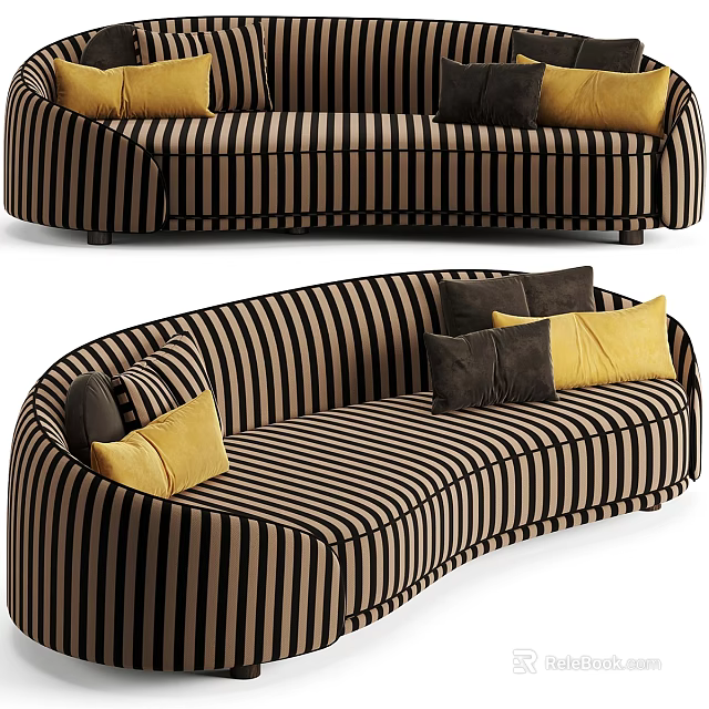 Curved Striped Sectional Sofa with Black Brown Pattern and Yellow Dark Cushions 3d model 