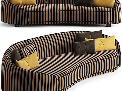 Curved Striped Sectional Sofa with Black Brown Pattern and Yellow Dark Cushions 3d model