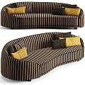 Curved Striped Sectional Sofa with Black Brown Pattern and Yellow Dark Cushions