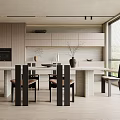 Modern Restaurant Interior With Long Dining Table Chairs Wooden Cabinets And Windows