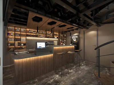 Modern Café Interior Design With Open Wooden Bar Wine Racks Pendant Lights And Staircase 3d model