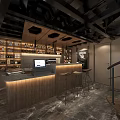 Modern Café Interior Design With Open Wooden Bar Wine Racks Pendant Lights And Staircase