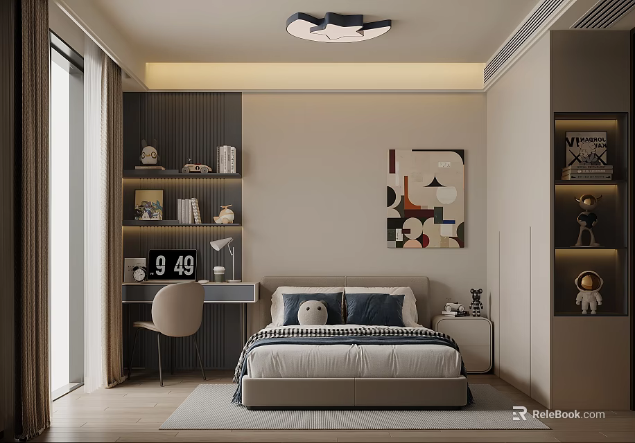 Modern Children's Room Interior With Bed Desk Bookshelf Stuffed Toys And Artwork 3d model 