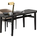 Dark Wood Desk Setup With Modern Lamp Leather Notebook Open Book And Beige Chair