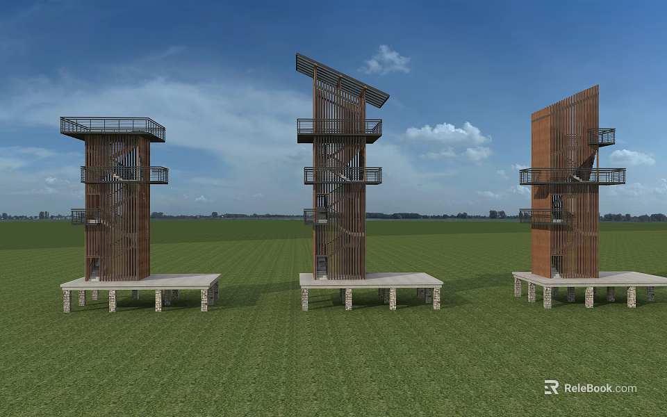 Three Modern Wooden Roadside Observation Towers With Platforms And Stairs On Green Grassland 3d model 