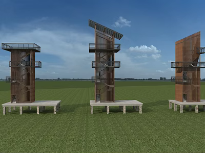 Three Modern Wooden Roadside Observation Towers With Platforms And Stairs On Green Grassland 3d model
