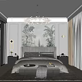 Modern Bedroom Interior With Bed Decorative Painting Chandelier Nightstands Area Rug And Curtains