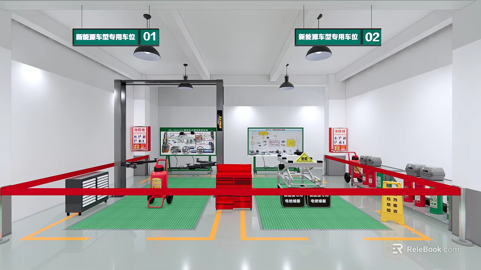 New Energy Vehicle Training Room Interior With Workstations Equipment And Green Flooring 3d model 