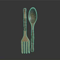 Sculpted Carved Wooden Spoon And Fork With Intricate Handle Patterns