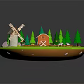 Cartoon Farm Scene With Windmill Red Barn Green Trees And Vegetable Patches