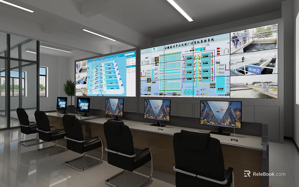 Modern Monitoring Room With Multiple Display Screens Control Consoles And Black Ergonomic Chairs 3d model 