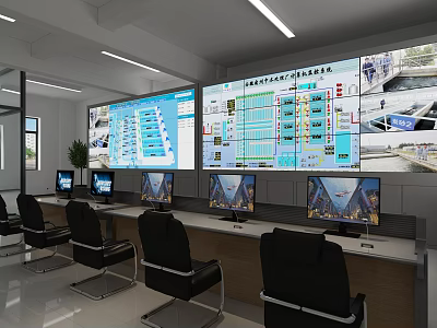 Modern Monitoring Room With Multiple Display Screens Control Consoles And Black Ergonomic Chairs 3d model