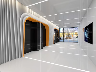 Modern Elevator Hallway With Orange Accents Striped Wall Panels And Large Windows 3d model