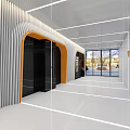 Modern Elevator Hallway With Orange Accents Striped Wall Panels And Large Windows