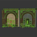 Classic Wooden Arched Doorway Structure With Ornate Decorative Panels And Vintage Furniture