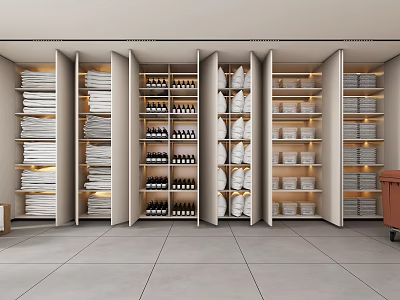 Modern Closet With Open Cabinets Folded Towels Shoes And Bottles Storage 3d model