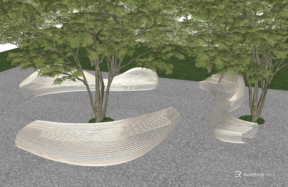 Elegant Curved White Landscape Seats With Green Trees On Gray Ground 3d model 