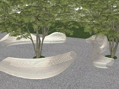 Elegant Curved White Landscape Seats With Green Trees On Gray Ground 3d model