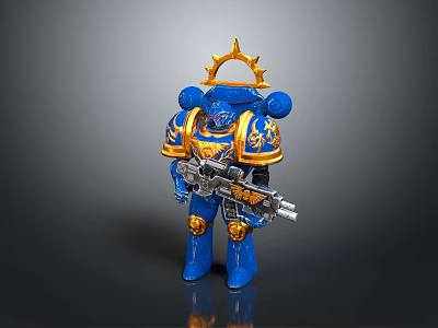 Blue armored fantasy game movie character with golden crown holding detailed gun and armor 3d model