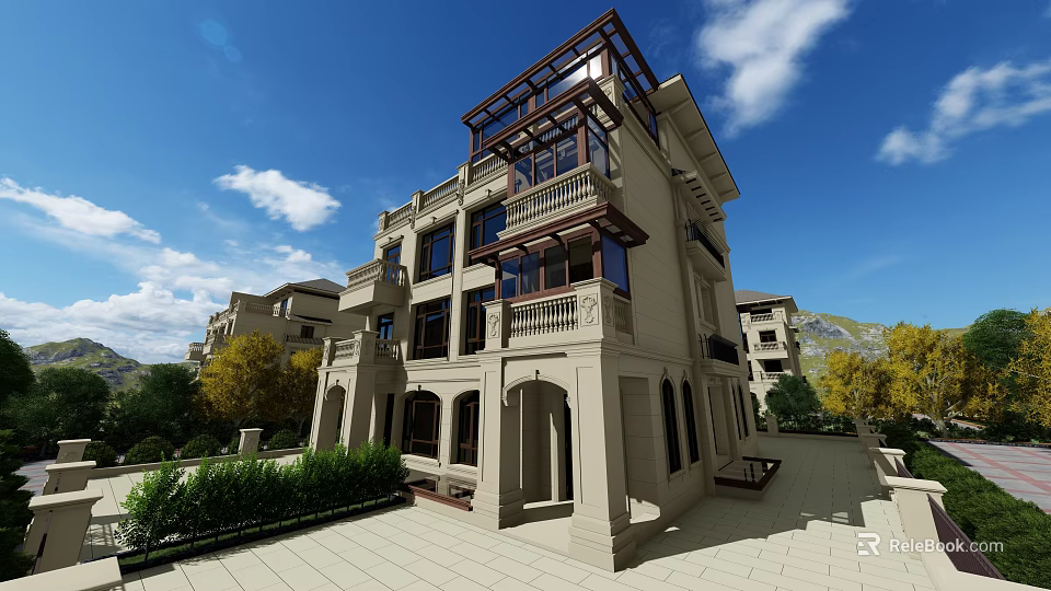 Classical Detached Villa Exterior With Balconies Large Windows And Landscaped Garden 3d model 