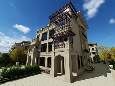 Classical Detached Villa Exterior With Balconies Large Windows And Landscaped Garden 3d model