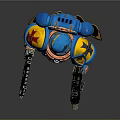 Blue Warrior Figure With Yellow Shoulder Armor And Halo Head Dual Guns And Skull Decoration