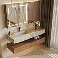 Modern Bathroom Vanity Set With Illuminated Mirror Wooden Cabinets White Sink And Flower Vase