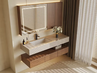 Modern Bathroom Vanity Set With Illuminated Mirror Wooden Cabinets White Sink And Flower Vase 3d model