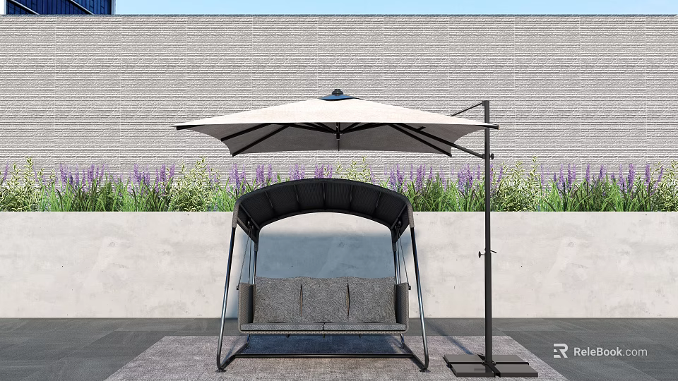 Outdoor Swing Chair With Umbrella Purple Flowers Gray Wall And Mat 3d model 