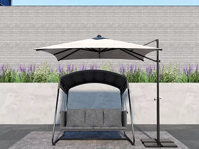 Outdoor Swing Chair With Umbrella Purple Flowers Gray Wall And Mat 3d model