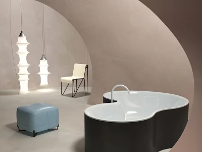 Unique Shaped Modern Bathtub in Bathroom with Curved Walls Hanging Pendant Lights and Blue Ottoman 3d model