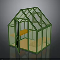 Green Frame Glass Greenhouse With Open Door And Wooden Benches Interior